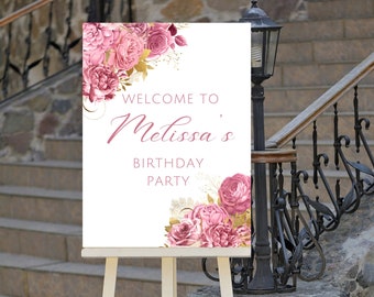 Editable Pink and Gold Birthday Welcome Sign, Floral Birthday Welcome Sign, Printable Instant Download