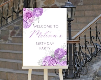 Panneau de bienvenue modifiable lavande et argent anniversaire, panneau de bienvenue floral anniversaire, imprimable téléchargement immédiat