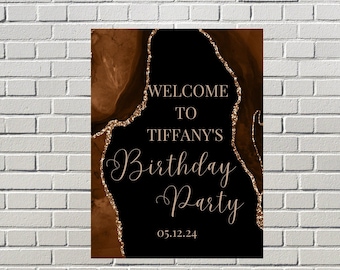 Cartel de bienvenida de cumpleaños marrón editable, imprimible y descarga instantánea.