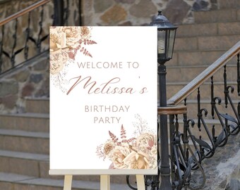 Editable Ivory and Rose Gold Birthday Welcome Sign, Floral Birthday Welcome Sign, Printable Instant Download