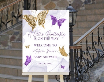 Editable Baby Shower Welcome Sign, A Little Butterfly is on the Way, Purple and Gold Butterfly, Welcome to Sign, Printable Instant Download
