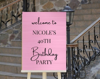 May include: Pink welcome sign on an easel with the text "welcome to NICOLE'S 40TH Birthday PARTY"