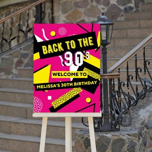 Letrero de bienvenida a fiesta de los 90 editable, regreso a los 90, fiesta retro, fiesta en casa, cumpleaños, tema de los 90, imprimible