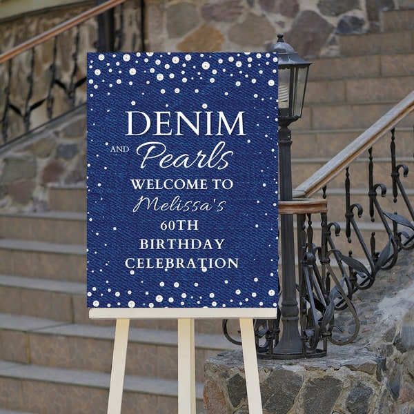Editable Denim and Pearls Birthday Welcome Sign, Denim, Blue Jeans, Glam, Welcome Poster, Printable Instant Download