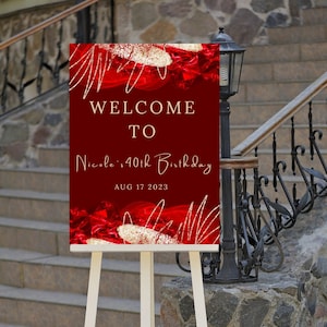 Editable Red and Gold Birthday Welcome Sign, Birthday Party Welcome Poster, Welcome to Sign, Printable Instant Download
