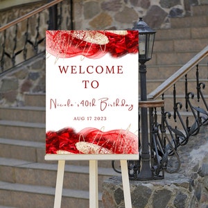 Editable Red, White and Gold Birthday Welcome Sign, Birthday Party Welcome Poster, Welcome to Sign, Printable Instant Download