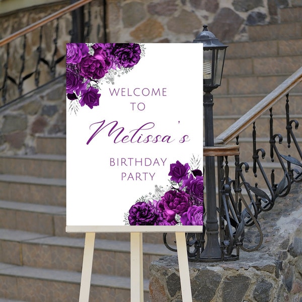 Editable Purple and Silver Birthday Welcome Sign, Floral, Wedding, Bridal Shower, Baby Shower, Printable Instant Download