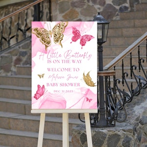 Editable Baby Shower Welcome Sign, A Little Butterfly is on the Way, Pink and Gold Butterfly, Welcome to Sign, Printable Instant Download