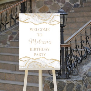 Editable White and Gold Birthday Welcome Sign, Agate, Luxury, Welcome to Sign, Wedding Welcome Sign, Printable Instant Download