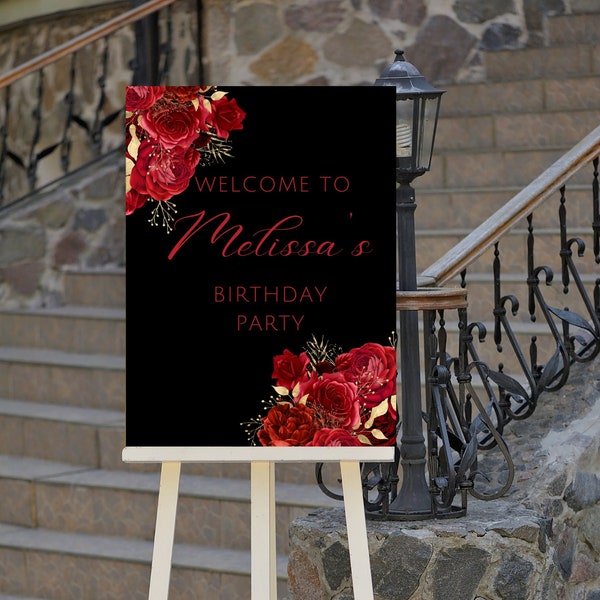 Editable Red, Black and Gold Birthday Welcome Sign, Floral Birthday Party Welcome Poster, Printable Instant Download