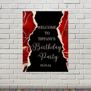 Editable Red and Gold Birthday Welcome Sign, Printable Instant Download