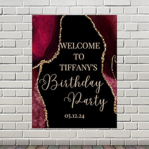 Editable Burgundy and Gold Birthday Welcome Sign, Agate Birthday Welcome Sign, Printable Instant Download