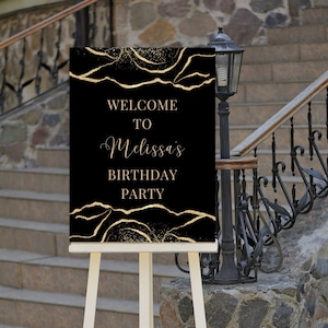 Editable Black and Gold Birthday Welcome Sign, Agate, Luxury, Welcome to Sign, Wedding Welcome Sign, Printable Instant Download