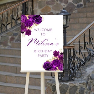 Panneau de bienvenue modifiable anniversaire violet et or, panneau de bienvenue anniversaire floral, imprimable téléchargement immédiat