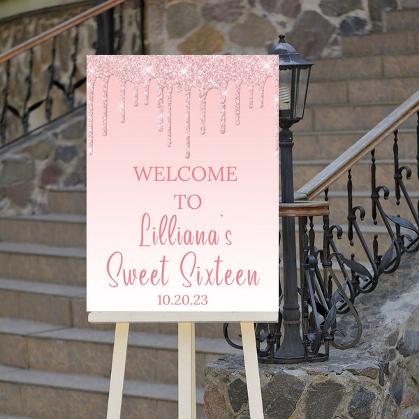 Editable Sweet 16 Blush Pink Birthday Welcome Sign, Glitter Drip, Birthday Welcome Poster, Printable Instant Download