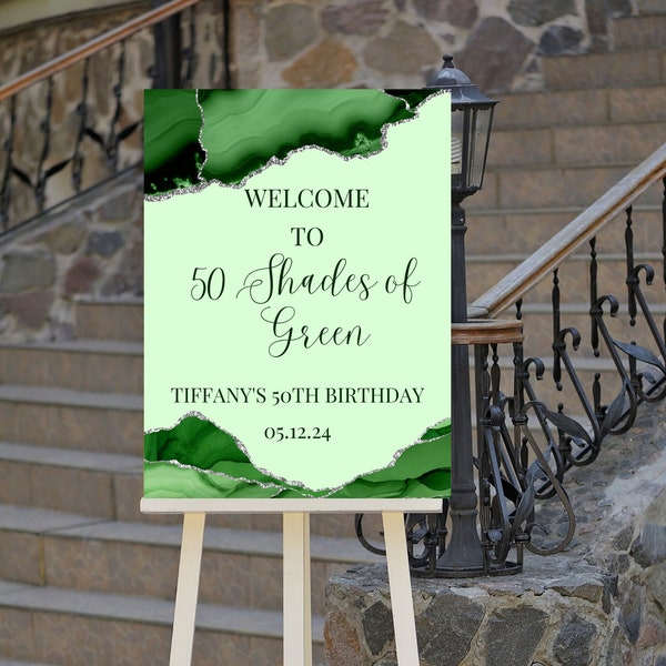 Editable Shades of Green Birthday Welcome Sign, Green and Silver Birthday Entrance Sign, Printable Instant Download