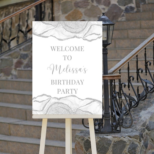 Editable White and Silver Birthday Welcome Sign, Agate, Luxury, Welcome to Sign, Wedding Welcome Sign, Printable Instant Download