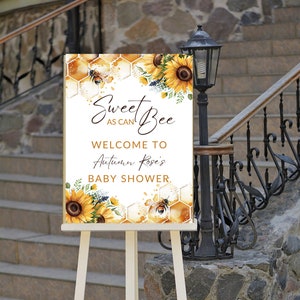 Bewerkbaar Sweet as can Bee babyshower welkomstbord, zonnebloem, honingraat, afdrukbare Instant Download