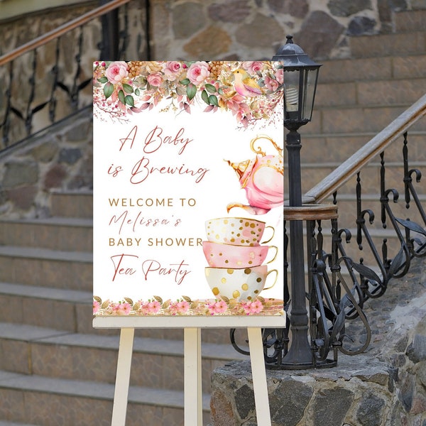 Editable Tea Party Welcome Sign, A Baby is Brewing Baby Shower Tea Party, Bridal Tea, Birthday Tea Party, Printable Instant Download