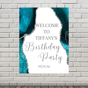 Editable Teal and White Birthday Welcome Sign, Agate Birthday Welcome Sign, Printable Instant Download