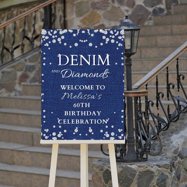 Editable Denim and Diamonds Birthday Welcome Sign, Denim, Blue Jeans, Glam, Welcome Poster, Printable Instant Download