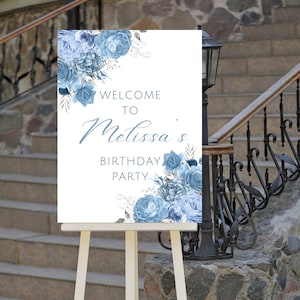 Placa de boas-vindas de aniversário azul bebê e prata editável, pôster de boas-vindas para festa de aniversário floral, download instantâneo para impressão
