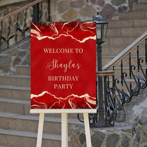 Editable Red and Gold Birthday Welcome Sign, Agate, Luxury, Welcome to Sign, Wedding Welcome Sign, Printable Instant Download