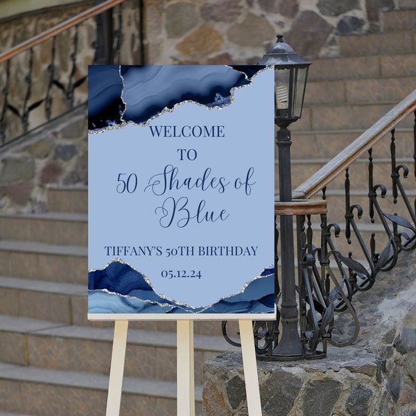 Editable Shades of Blue Birthday Welcome Sign, Blue Agate Birthday Welcome Sign, Printable Instant Download