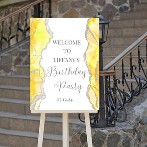 Letrero de bienvenida de cumpleaños editable en amarillo y plata, letrero de bienvenida de cumpleaños de ágata, descarga instantánea imprimible
