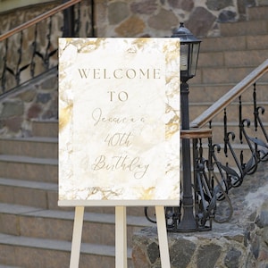 Editable White and Gold Birthday Welcome Sign, Marble, Luxury, Welcome to Sign, Printable Instant Download