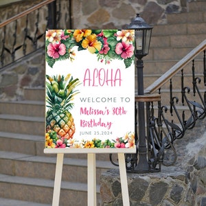 Bearbeitbares Aloha Geburtstag Willkommensschild, Ananas, Hawaiianisch, Tropisch, Eingangsschild, Printable Sofortiger Download