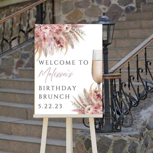 Editable Pink Boho Brunch Welcome Sign, Pampas, Boho Floral, Bridal Brunch, Birthday Brunch, Entrance Sign,  Printable Instant Download