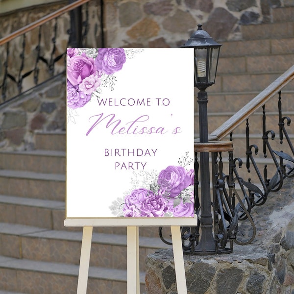 Editable Lavender and Silver Birthday Welcome Sign, Floral Birthday Welcome Sign, Printable Instant Download