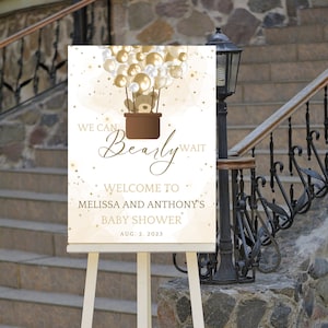 Editable We Can Bearly Wait Baby Shower Welcome Sign Teddy Bear and Hot Air Balloon Brown and White Gender Neutral Printable