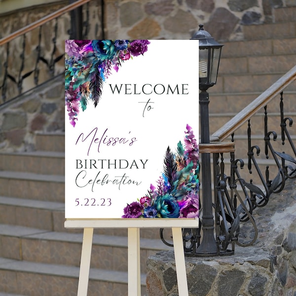 Editable Teal and Purple Birthday Welcome Sign, Floral, Entrance Sign, Bridal, Wedding, Baby Shower, Printable Instant Download