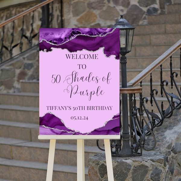 Editable Shades of Purple Birthday Welcome Sign, Purple and Silver, Printable Instant Download