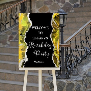 Letrero de bienvenida de cumpleaños editable en amarillo y negro, letrero de bienvenida de cumpleaños de ágata, descarga instantánea imprimible