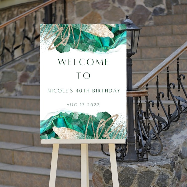Editable Green, White and Gold Birthday Welcome Sign, Watercolor, Glam, Luxury, Welcome to Sign, Printable Instant Download