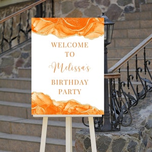Bearbeitbares Orange und Weiß Geburtstag Willkommensschild, Eingangsschild, Braut, Hochzeit, Babyparty, printable sofortiger Download