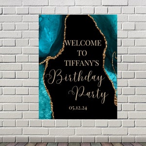 Editable Teal and Gold Birthday Welcome Sign, Agate Birthday Welcome Sign, Printable Instant Download