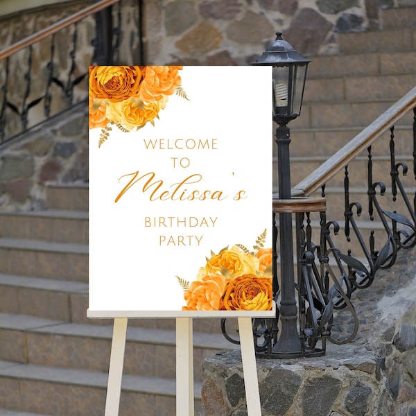 Editable Orange and Gold Birthday Welcome Sign, Floral Birthday Welcome Sign, Printable Instant Download
