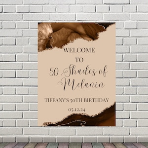 Panneau de bienvenue d'anniversaire modifiable nuances de mélanine, panneau de bienvenue d'anniversaire agate brune, imprimable téléchargement immédiat