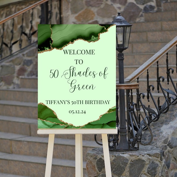 Editable Shades of Green Birthday Welcome Sign, Green and Gold Birthday Entrance Sign, Printable Instant Download