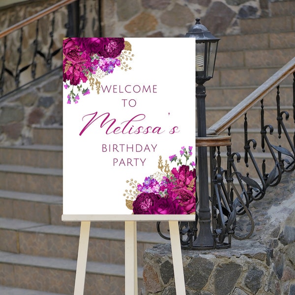 Editable Fuchsia and Gold Birthday Welcome Sign, Floral Birthday Party Welcome Poster, Printable Instant Download