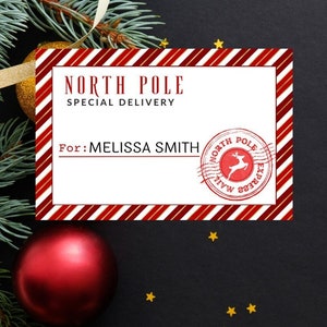Etiqueta imprimible de entrega especial al Polo Norte, etiqueta de Papá Noel, etiqueta de regalo de Navidad, descarga digital, editable