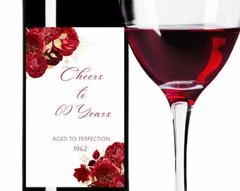 Printable Birthday Wine Label, Red and Gold Floral, Cheers to 60 Years, Any Age Milestone, Aged to Perfection, Editable