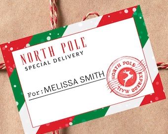 May include: A wrapped gift in brown paper, tied with red and white twine. A tag with the words "North Pole Special Delivery" and "For: MELISSA SMITH" is attached. The tag has red and green accents and a North Pole Express stamp.