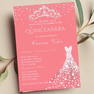 Editable Blush Pink and Silver Quinceañera Invitation, Mis Quince Anos, Glam, Diamond, Printable or Text Invite