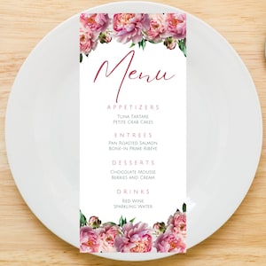 Plantilla de tarjeta de menú editable, tarjetas de menú con flores rosas, cumpleaños, menú de cena, menú de mesa, menú de baby shower, menú de boda, imprimible