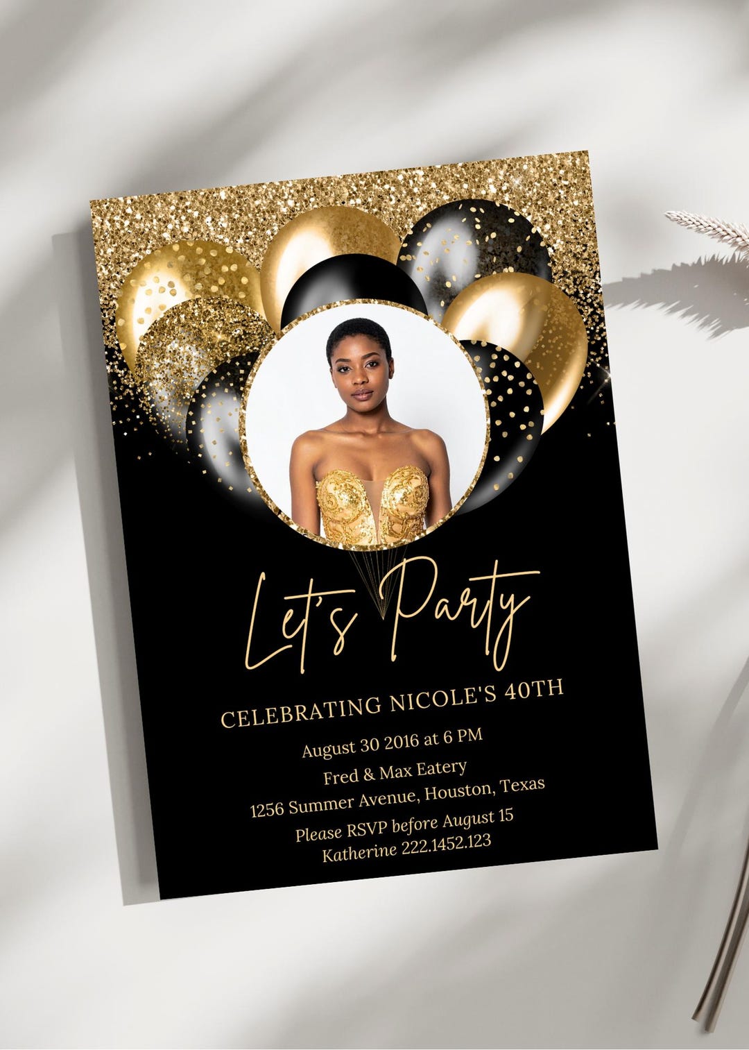 Editable Black and Gold Birthday Invitation With Photo, Balloon Invite ...